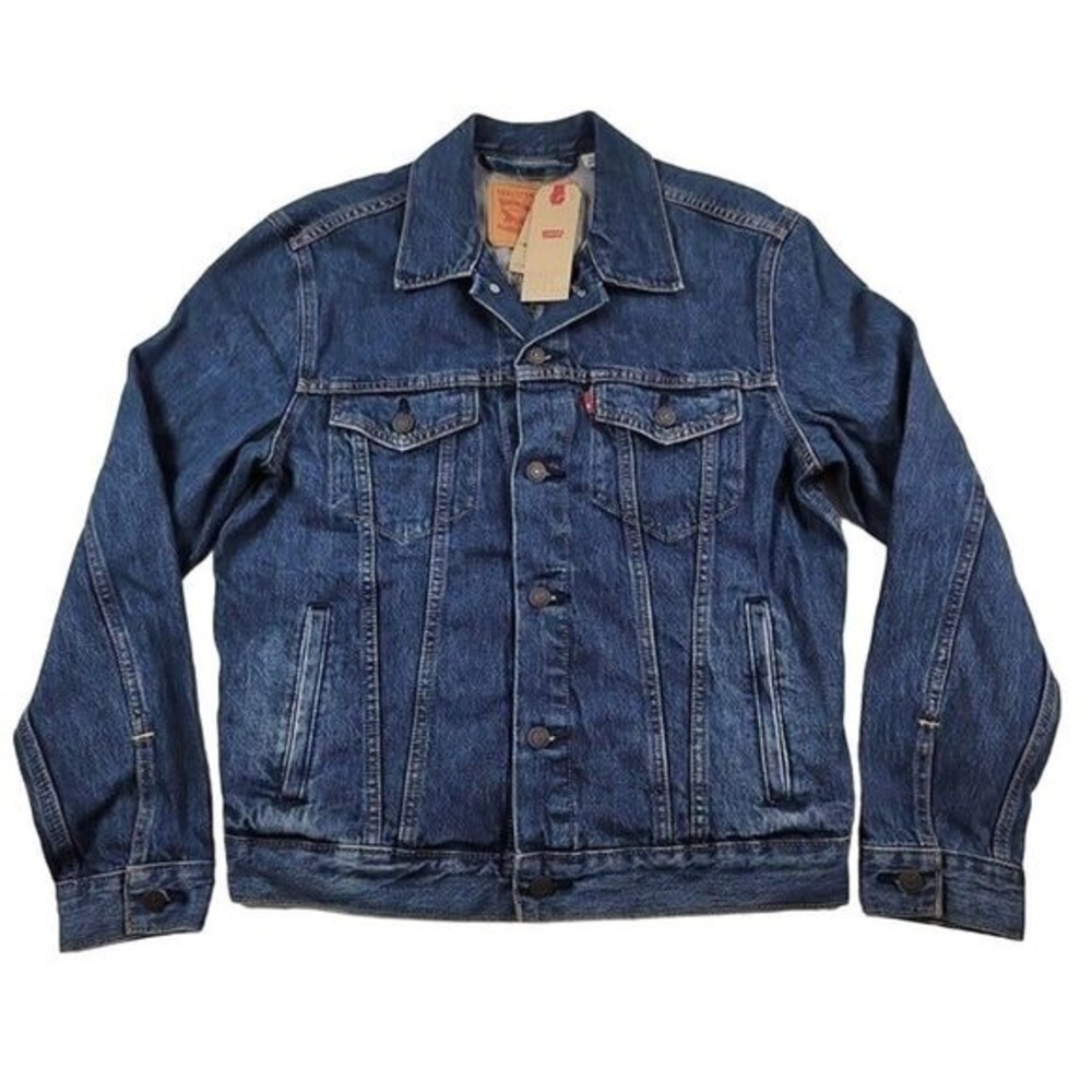 Levis Denim Blue Trucker Jacket Mens 2XL Camouflage Chenille Logo